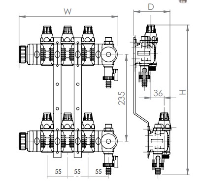 Plastic manifold with shut off valves and thermostatic valves