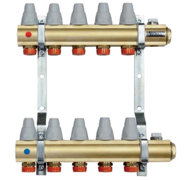 Brass distributor manifold with shut off valves and thermostatic valves